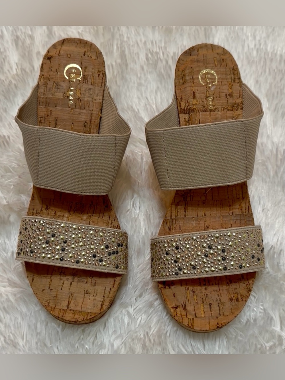 Embellished Beige Cork Slide Mules